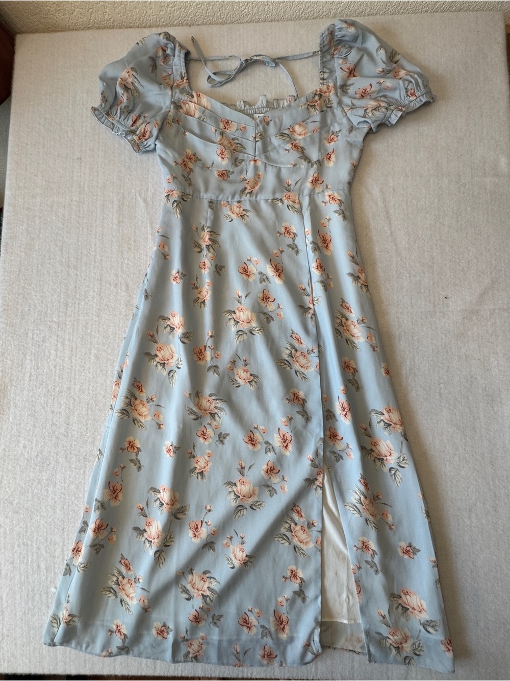 Petite Studio Light Blue Floral Puff-Sleeve Midi Dress with slit